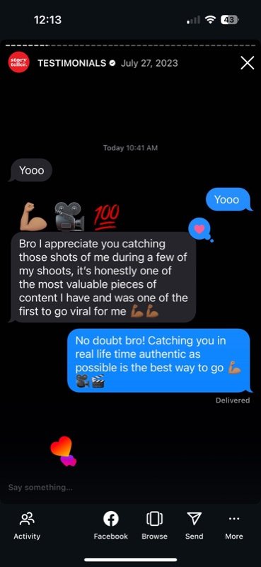 Instagram message from a client thanking the team for the shots, among the most valuable content he has